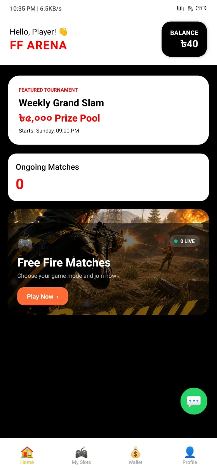 FF Arena Home Screen — Free Fire Tournament Bangladesh